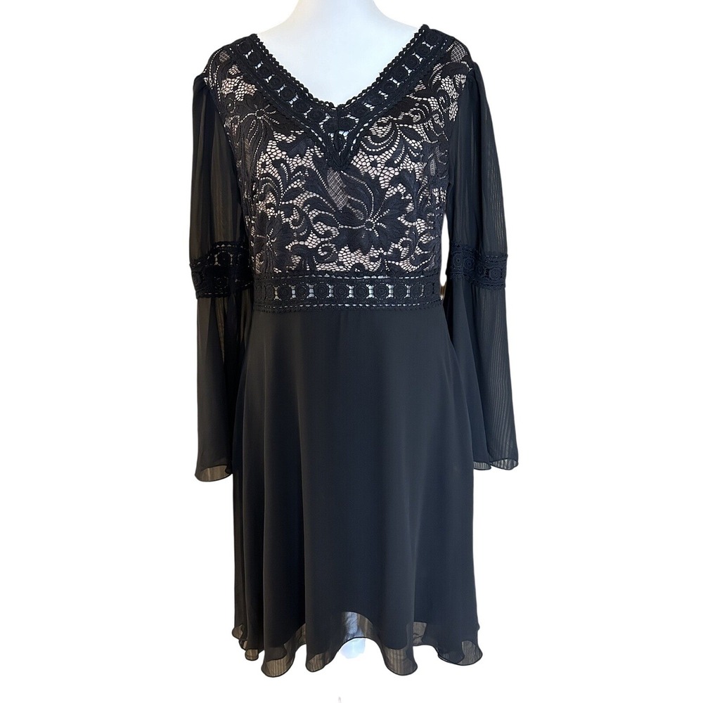 Venus Black V-Neck Lace Sheer Overlay Dress Size M Whimsigoth Witchy Bell Sleeve